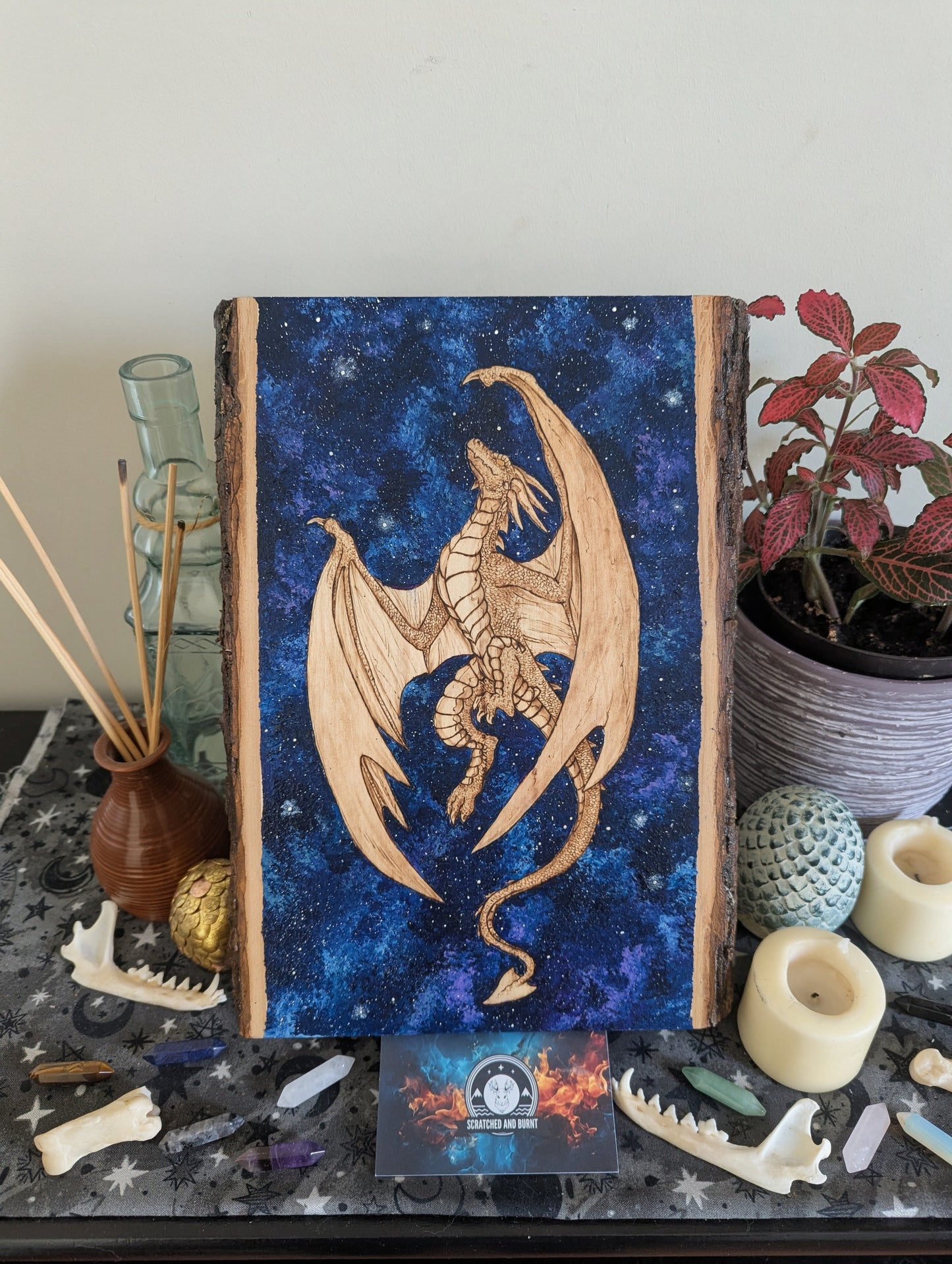 'Celestial Flight' Dragon, Pyrography with Acrylics on Wood, Desk/Wall Art