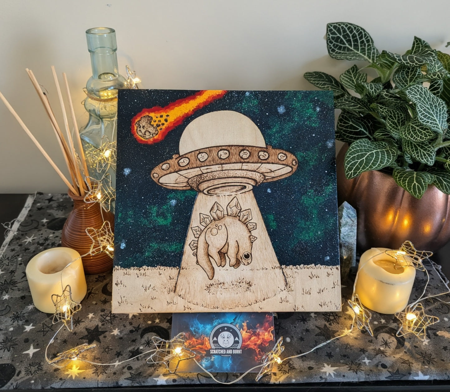 Alien Abduction, Stegosaurus! Pyrography w/ Acrylics, Desk/Wall Art