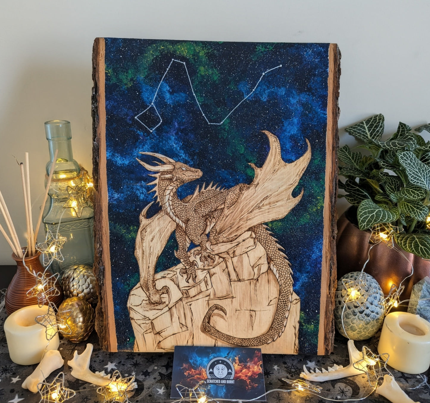 'Draco’s Vigil', Pyrography with Acrylics on Wood, Desk/Wall Art