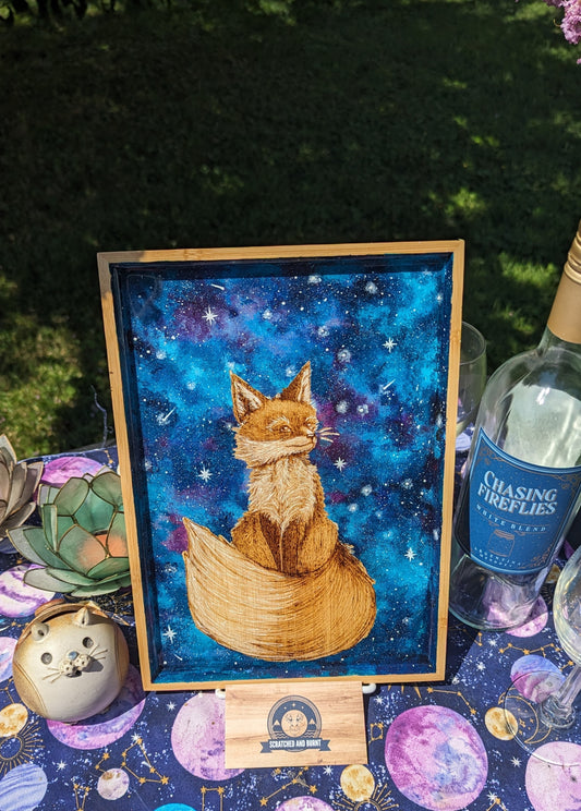 'Starry Night Fox,' Bamboo Wood Serving Tray / Art  Resin Sealed