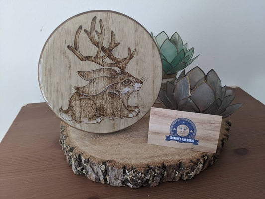 Baby Jackalope Pyrography Art on Wooden Décor Table