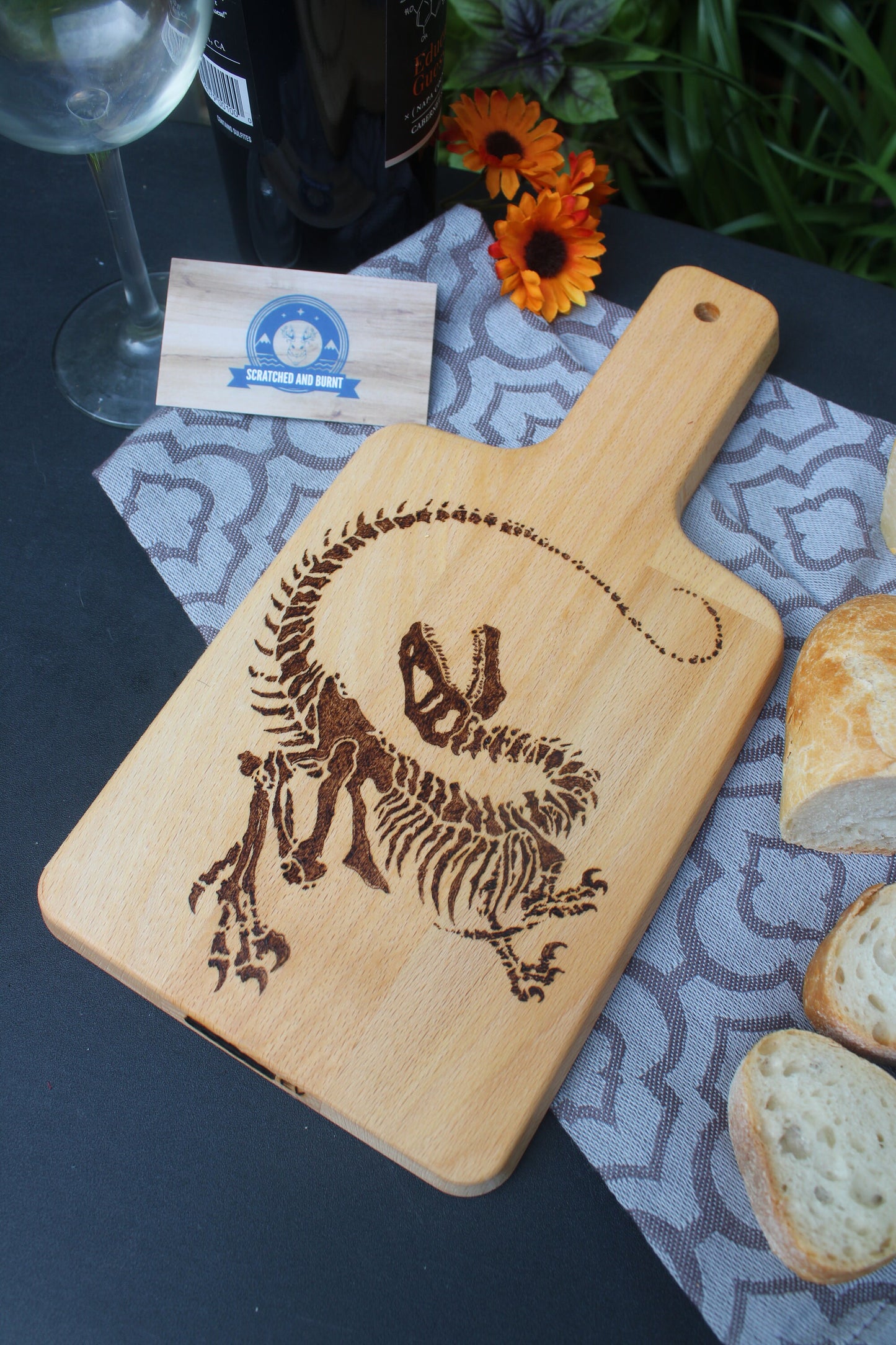 Raptor Skeleton Wood-Burned Fantasy Cutting Board Art