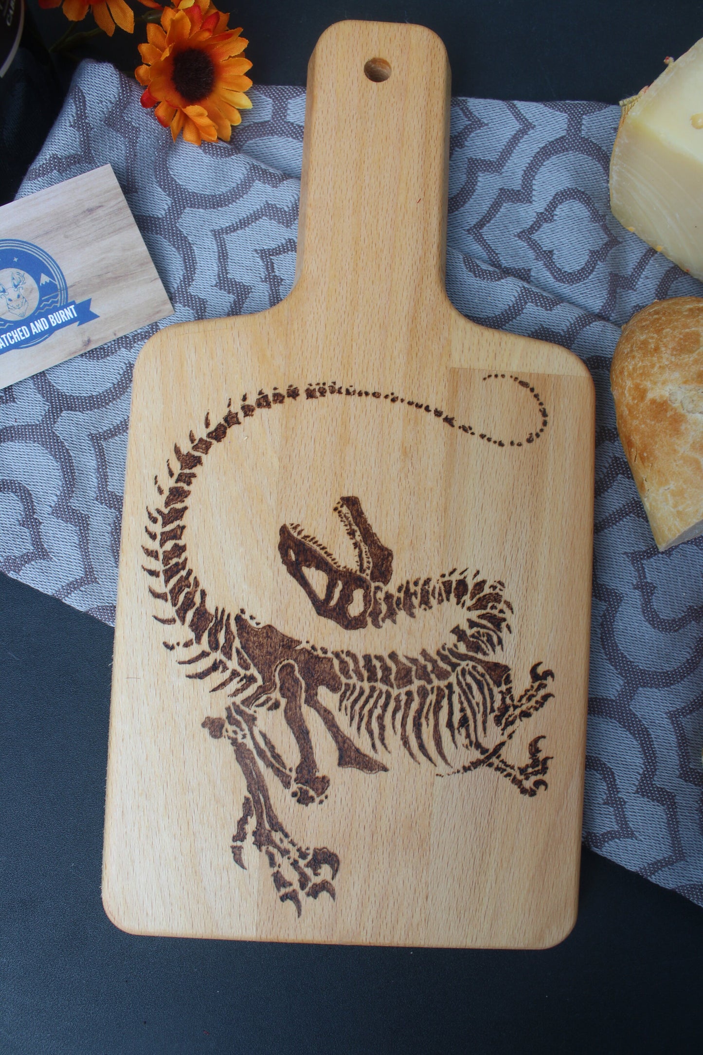 Raptor Skeleton Wood-Burned Fantasy Cutting Board Art