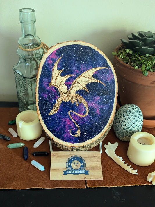 'Celestial Dragon Flight' Pyrography with Acrylics on Wood, Desk/Wall Art