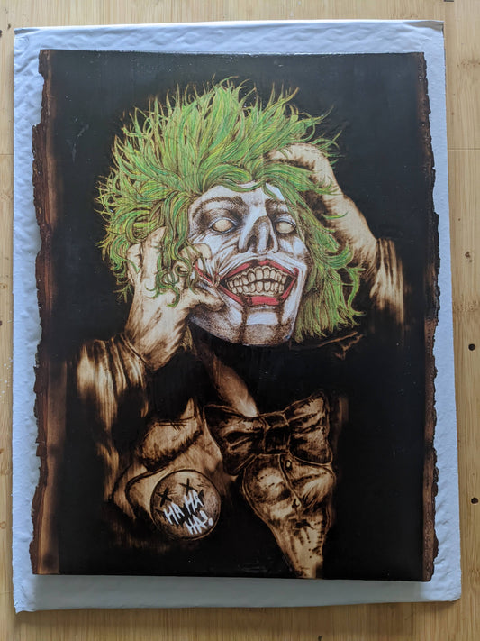 Laughing Joker, Custom Piece, Pyrography with Colored Accents on Basswood