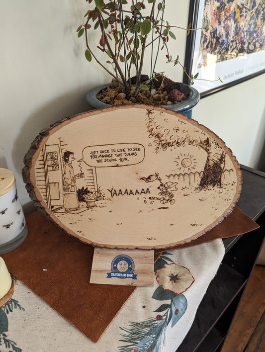 Calvin and Hobbes 'Summer Morning' Pyrography on Wood Canvas