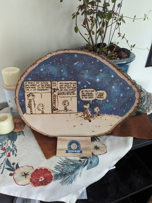 Calvin and Hobbes 'Looking at the Stars' Pyrography on Wood Canvas