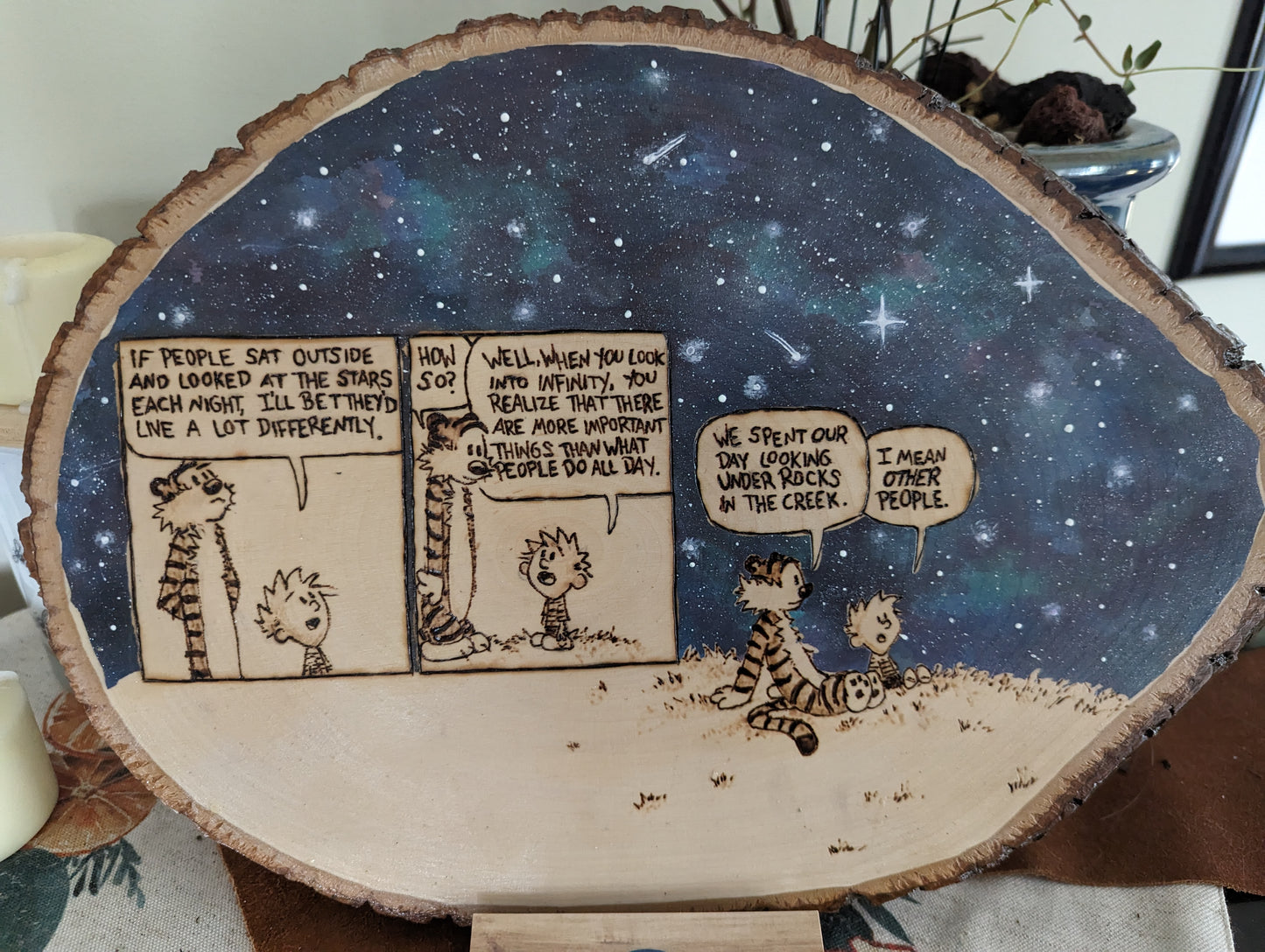 Calvin and Hobbes 'Looking at the Stars' Pyrography on Wood Canvas