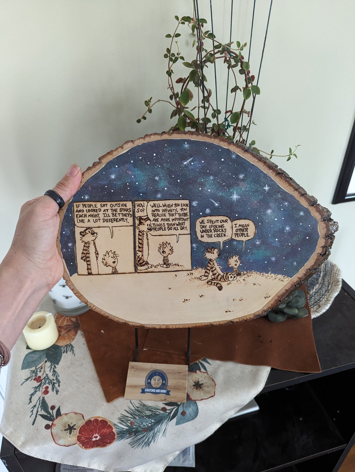 Calvin and Hobbes 'Looking at the Stars' Pyrography on Wood Canvas