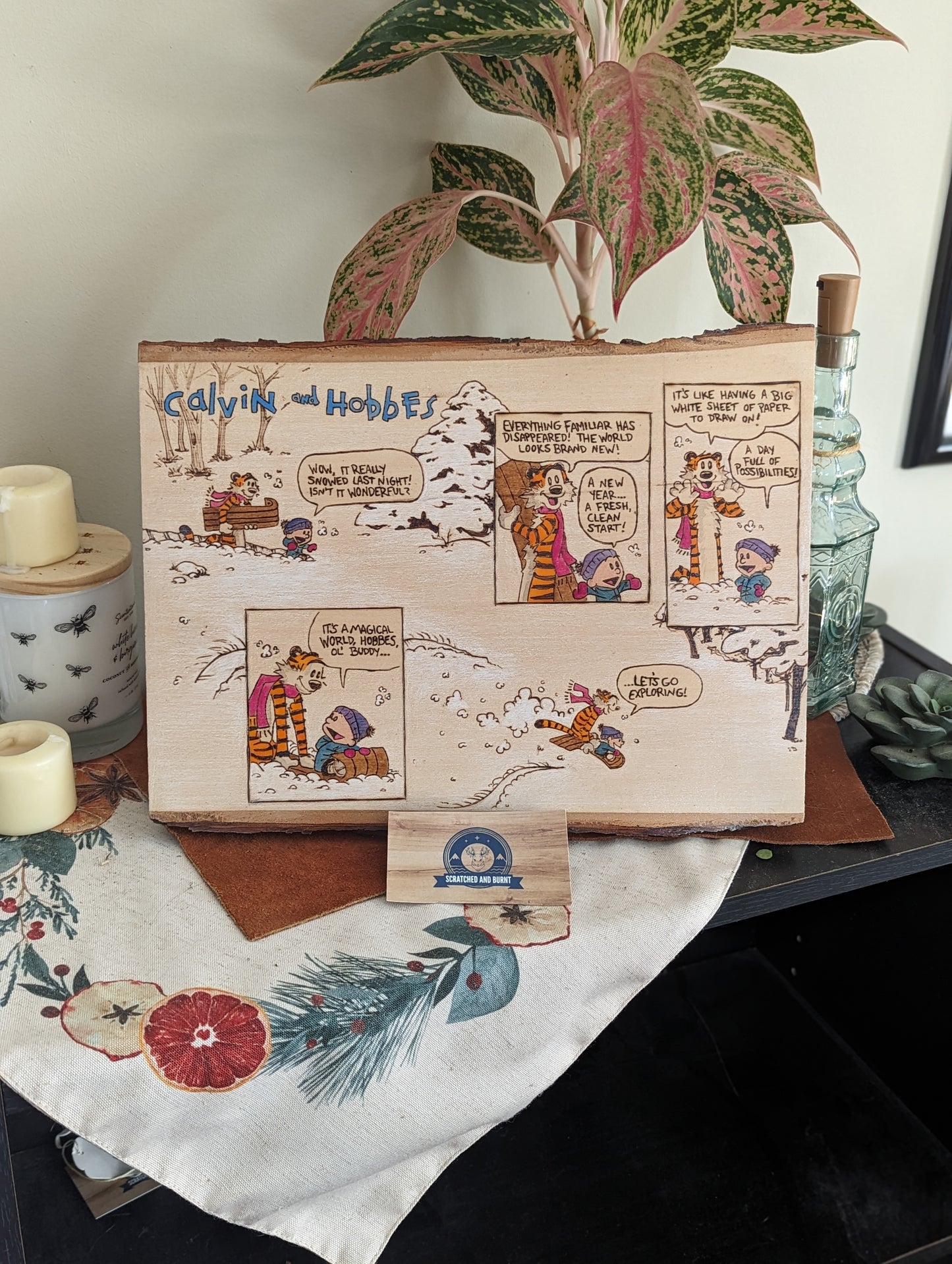 Calvin and Hobbes 'Let's Go Exploring' Pyrography on Wood Canvas