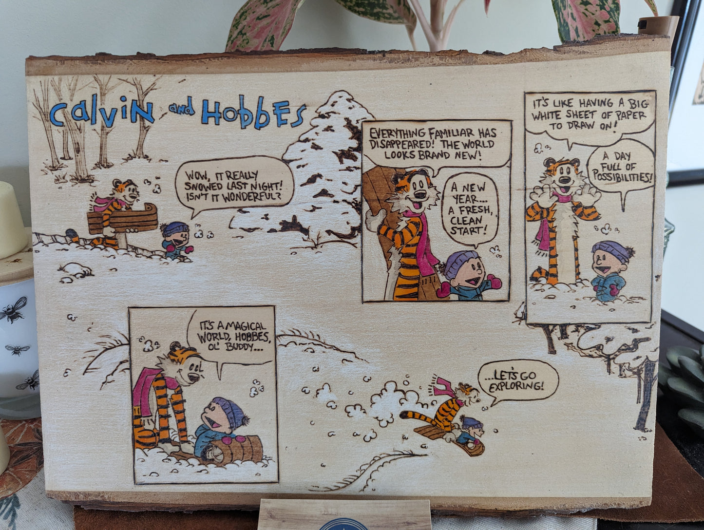 Calvin and Hobbes 'Let's Go Exploring' Pyrography on Wood Canvas