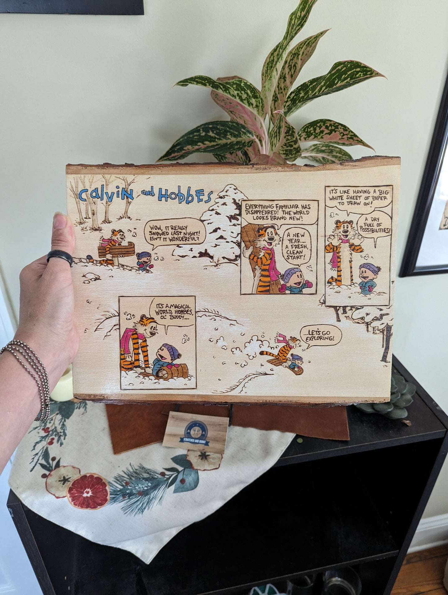 Calvin and Hobbes 'Let's Go Exploring' Pyrography on Wood Canvas