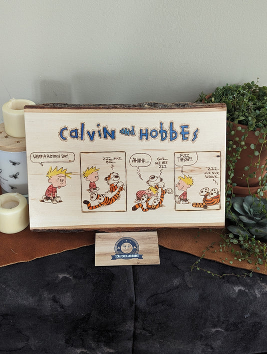 Calvin and Hobbes 'Fuzz Therapy' Pyrography on Wood Canvas