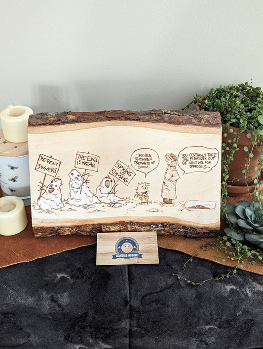 Calvin and Hobbes 'Snowmen Prophets of Doom' Pyrography on Wood Canvas