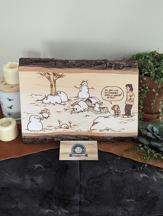 Calvin and Hobbes 'Snowmen House of Horror' Pyrography on Wood Canvas