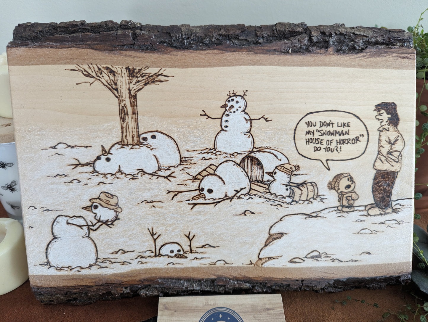 Calvin and Hobbes 'Snowmen House of Horror' Pyrography on Wood Canvas