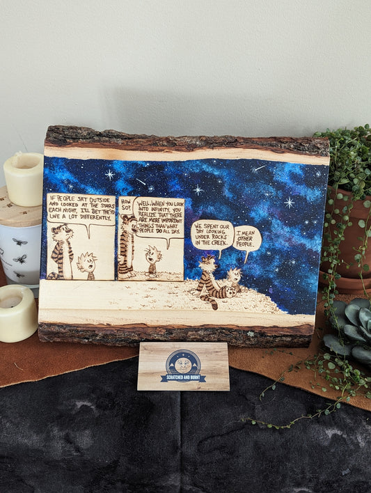 Calvin and Hobbes 'Looking at the Stars' Pyrography on Wood Canvas