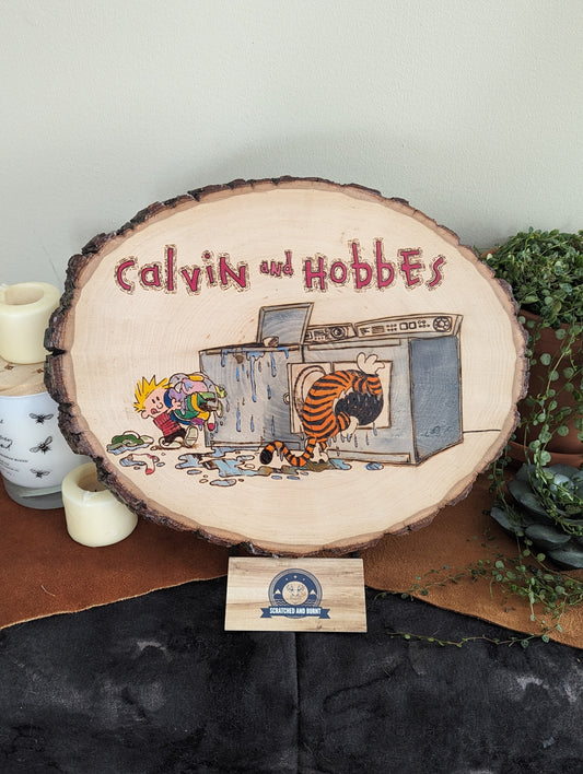 Calvin and Hobbes 'Laundry Day' Pyrography on Wood Canvas