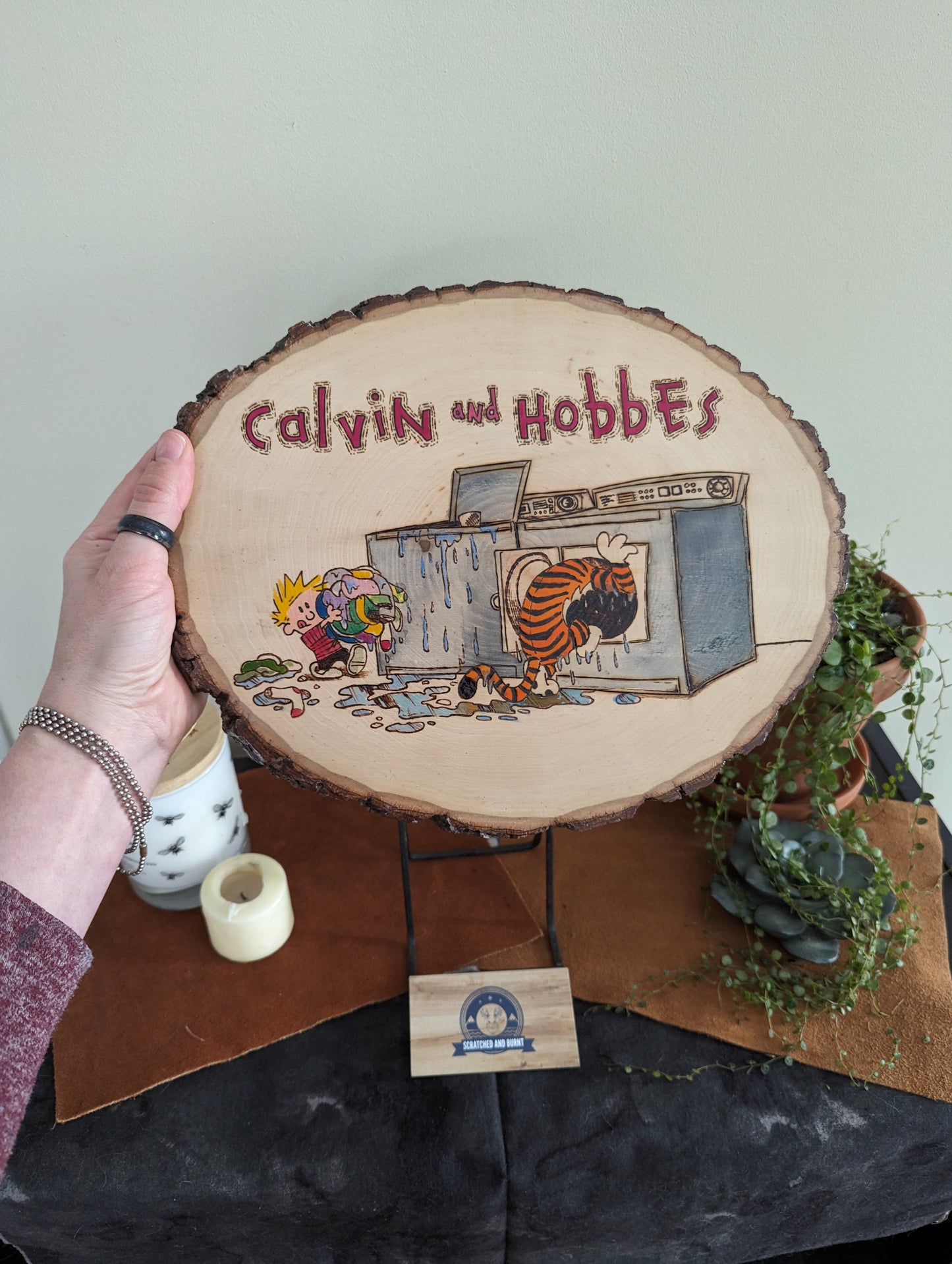 Calvin and Hobbes 'Laundry Day' Pyrography on Wood Canvas