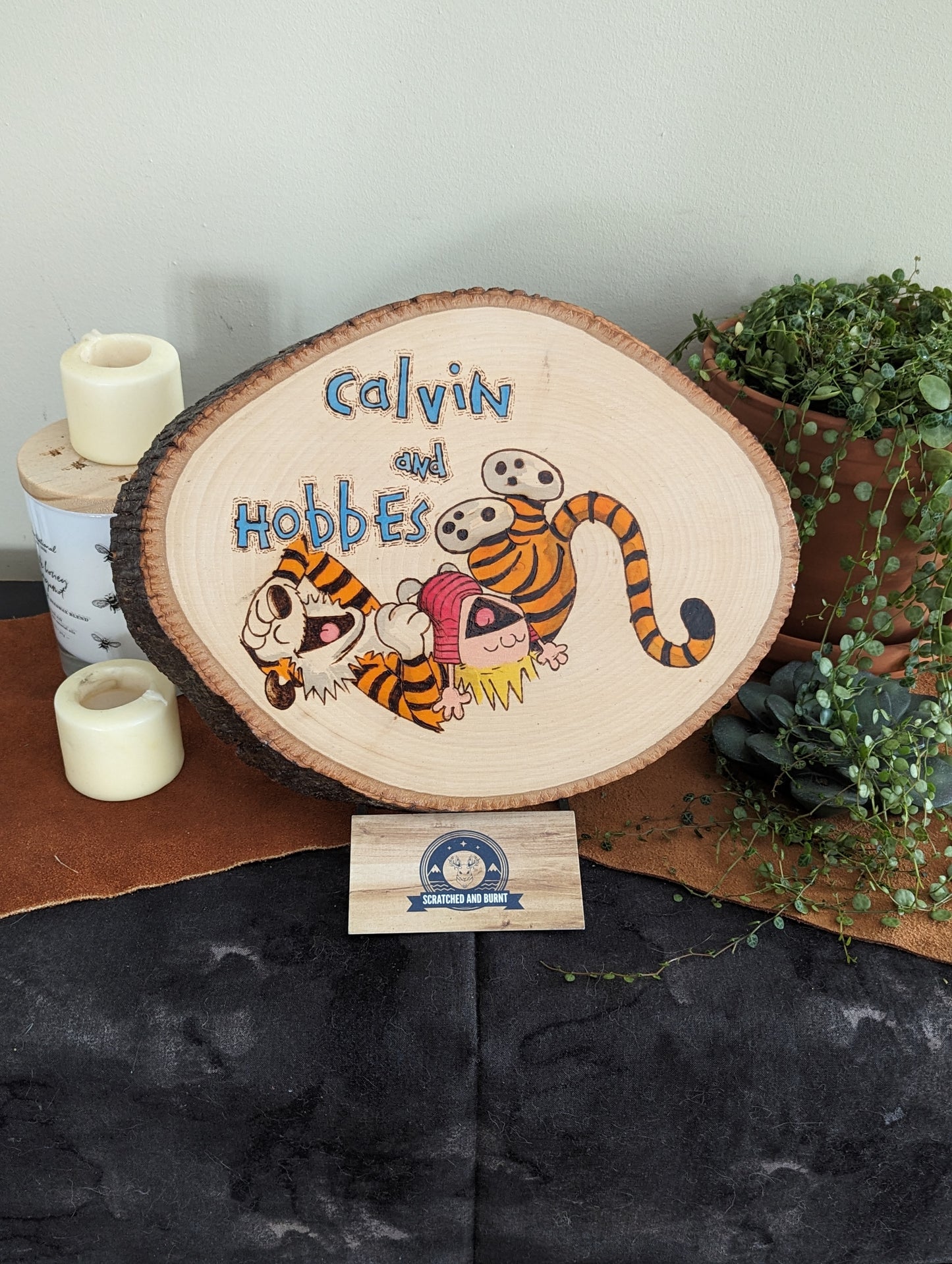 Calvin and Hobbes 'Laughing Friends' Pyrography on Wood Canvas