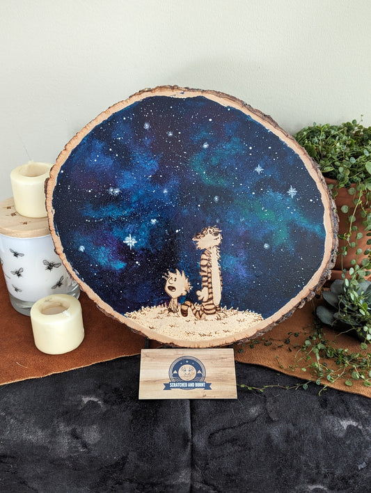 Calvin and Hobbes 'Mesmerized by the Night' Pyrography on Wood Canvas