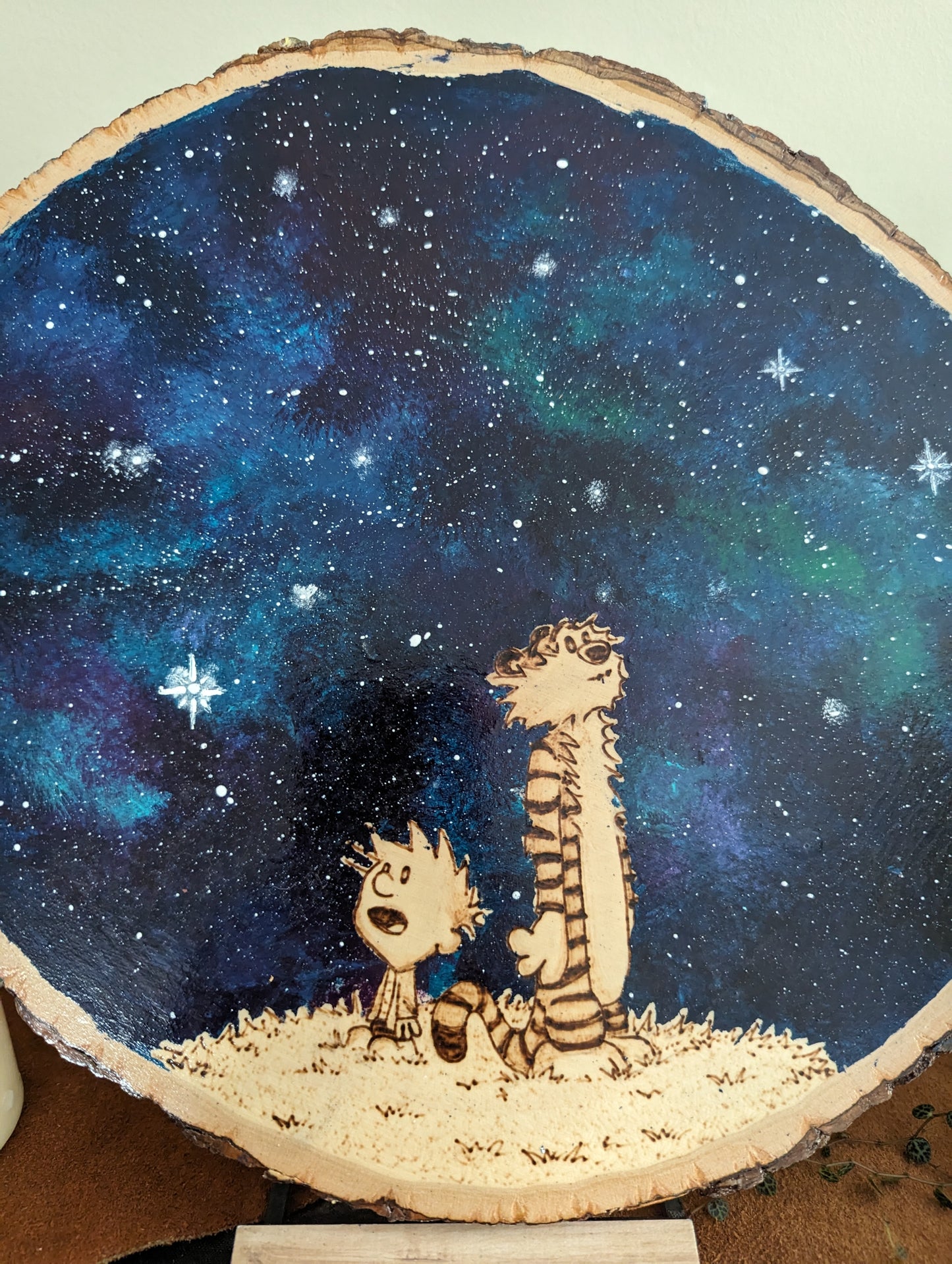 Calvin and Hobbes 'Mesmerized by the Night' Pyrography on Wood Canvas