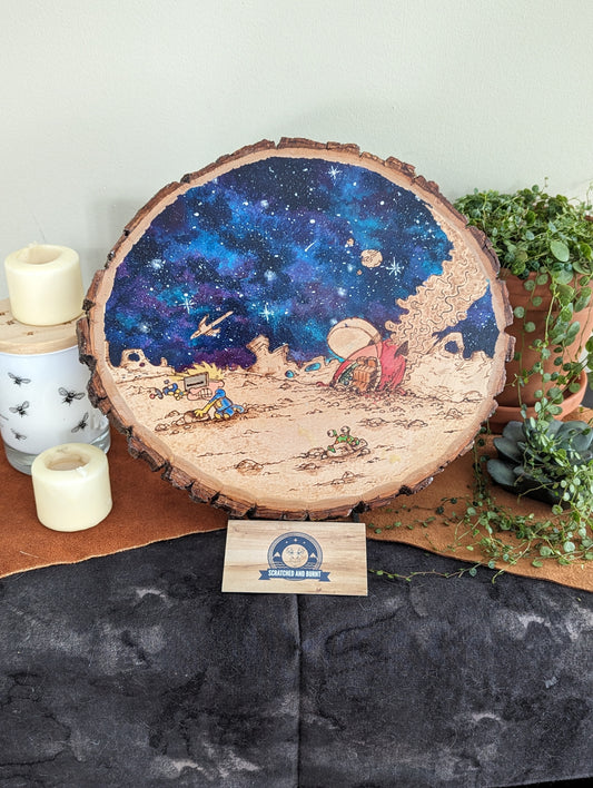 Calvin and Hobbes 'Space Man Spiff' Pyrography on Wood Canvas