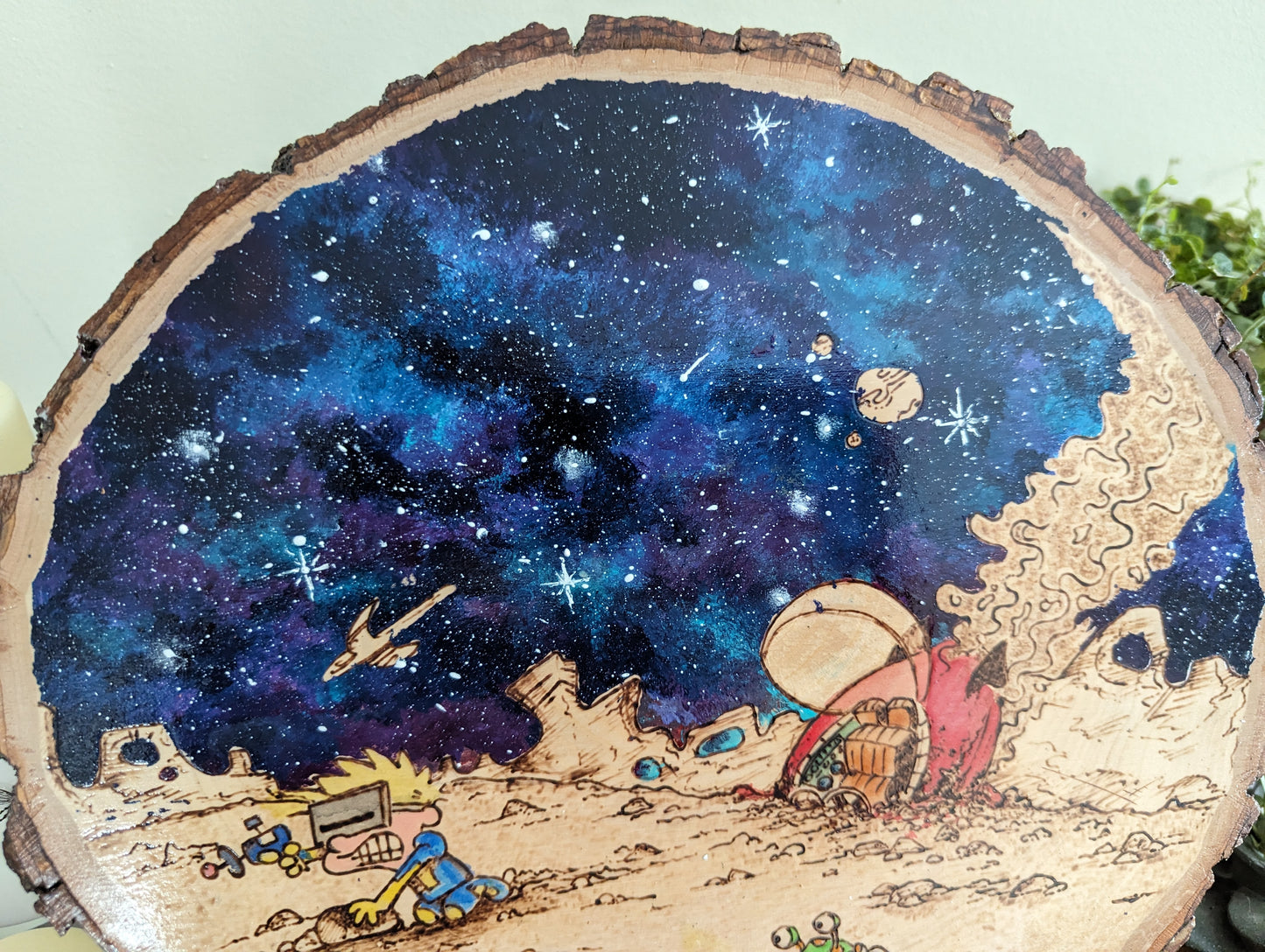 Calvin and Hobbes 'Space Man Spiff' Pyrography on Wood Canvas