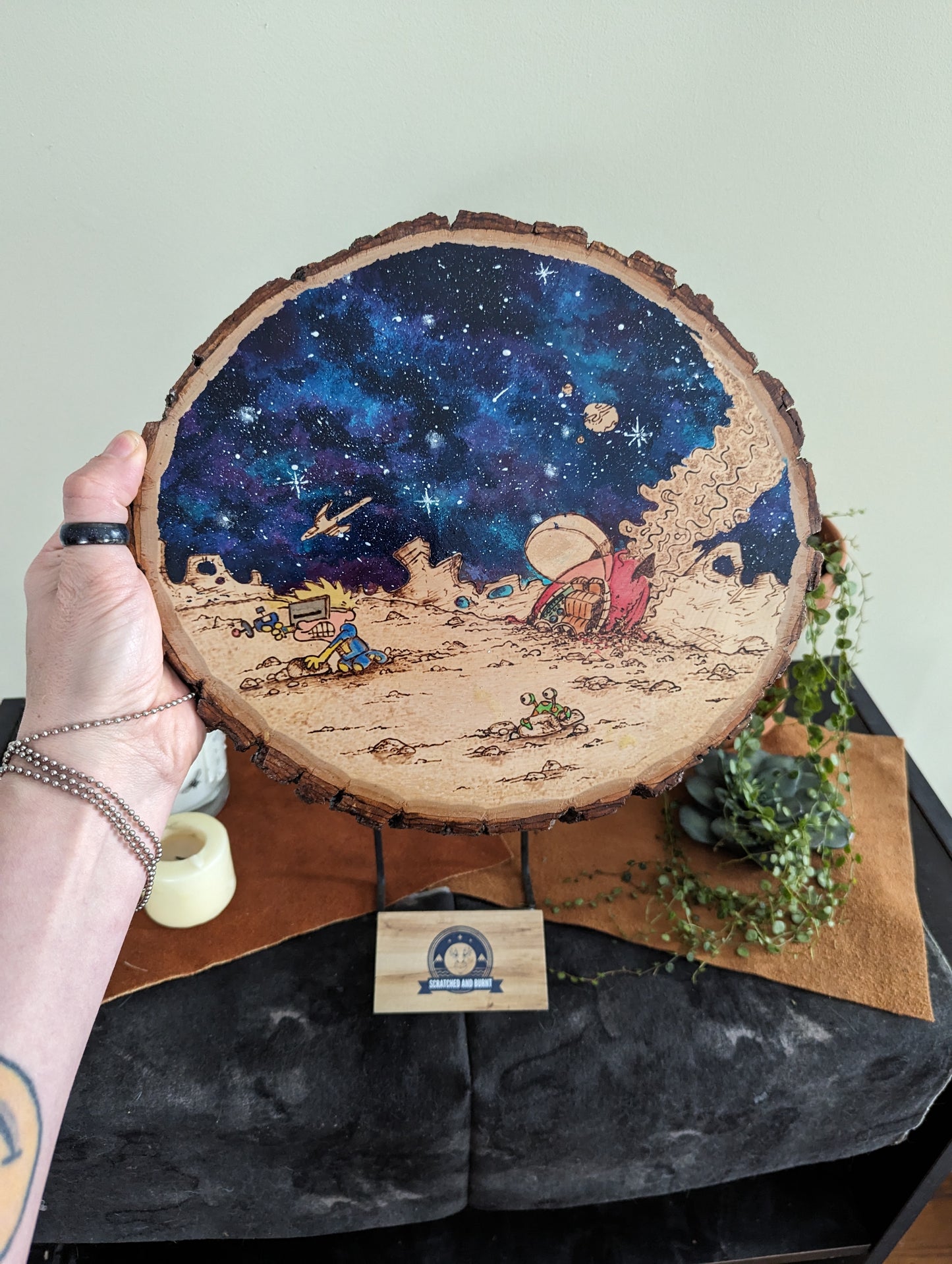 Calvin and Hobbes 'Space Man Spiff' Pyrography on Wood Canvas