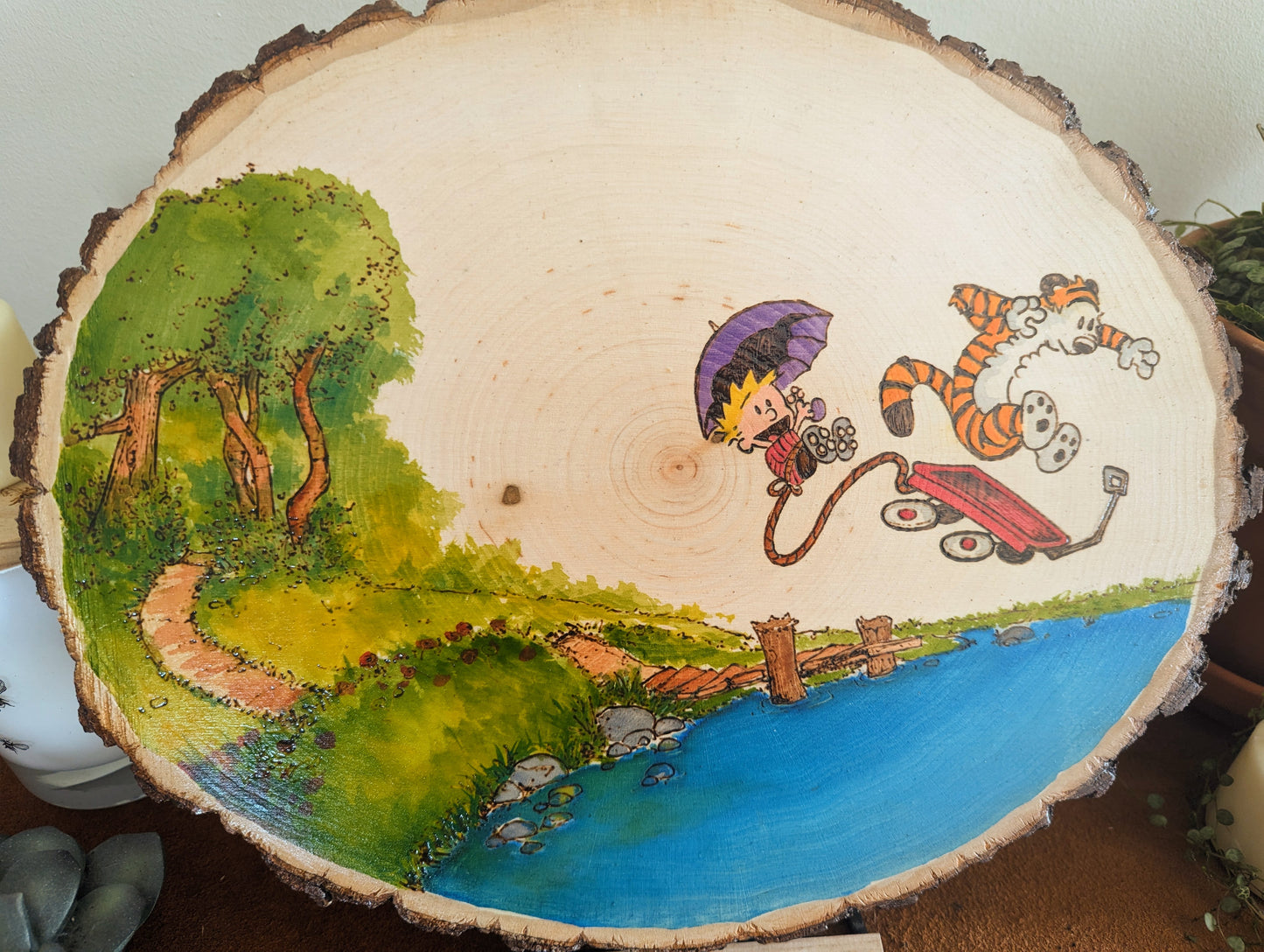 Calvin and Hobbes 'Umbrella Test Flight' Pyrography on Wood Canvas