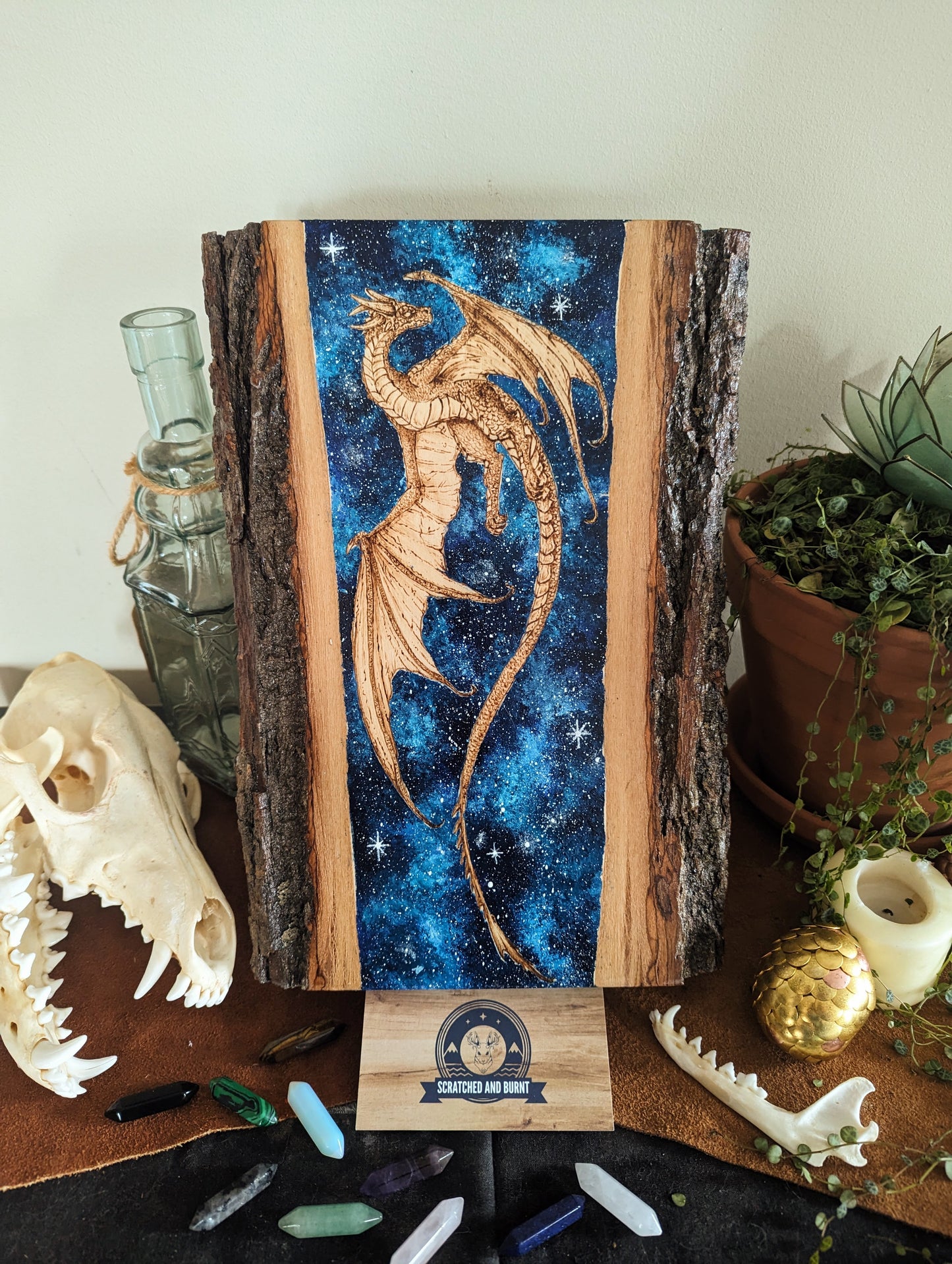 'Celestial Dragon Flight' Pyrography with Acrylics on Wood Desk/Wall Art