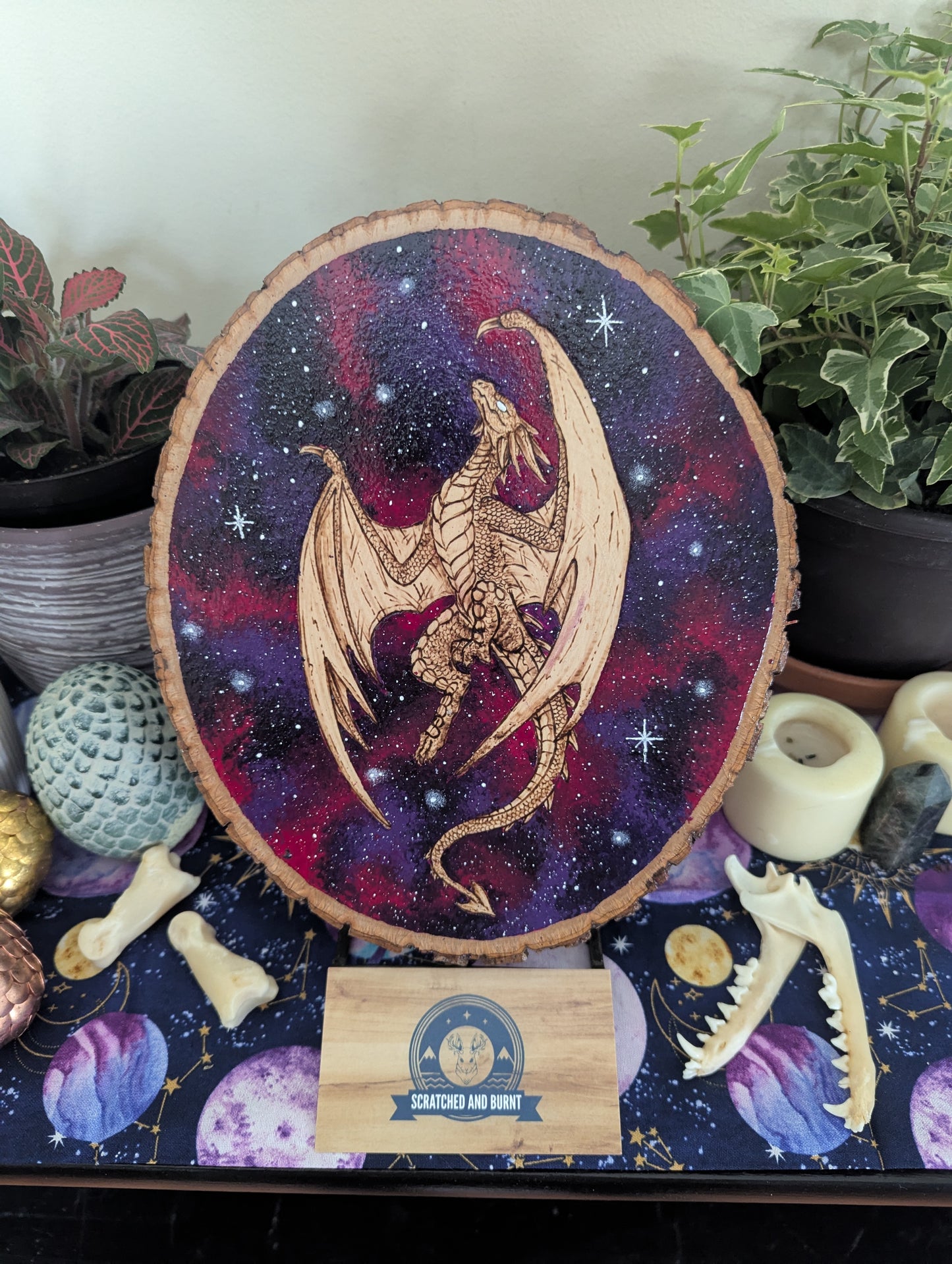 'Galaxy Dragon' Pyrography with Acrylics on Wood Desk/Wall Art