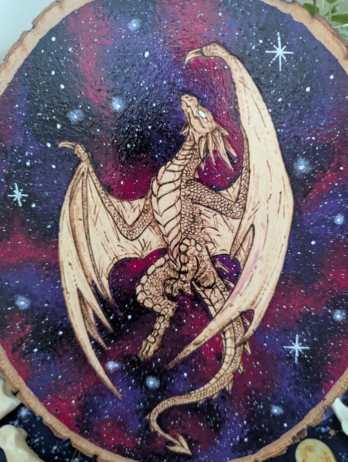 'Galaxy Dragon' Pyrography with Acrylics on Wood Desk/Wall Art