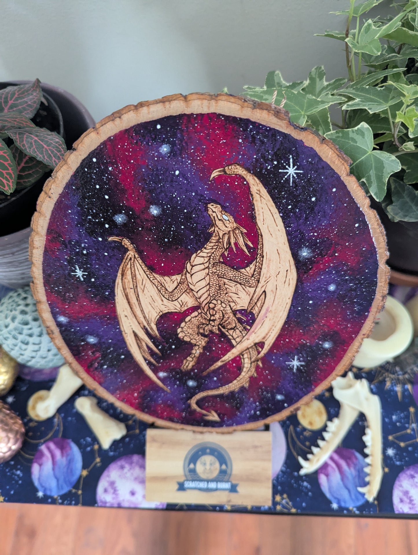 'Galaxy Dragon' Pyrography with Acrylics on Wood Desk/Wall Art