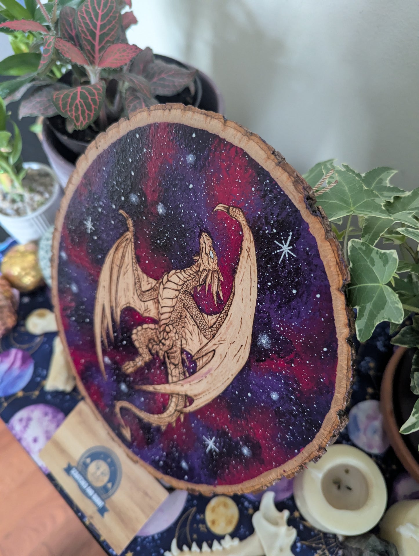 'Galaxy Dragon' Pyrography with Acrylics on Wood Desk/Wall Art