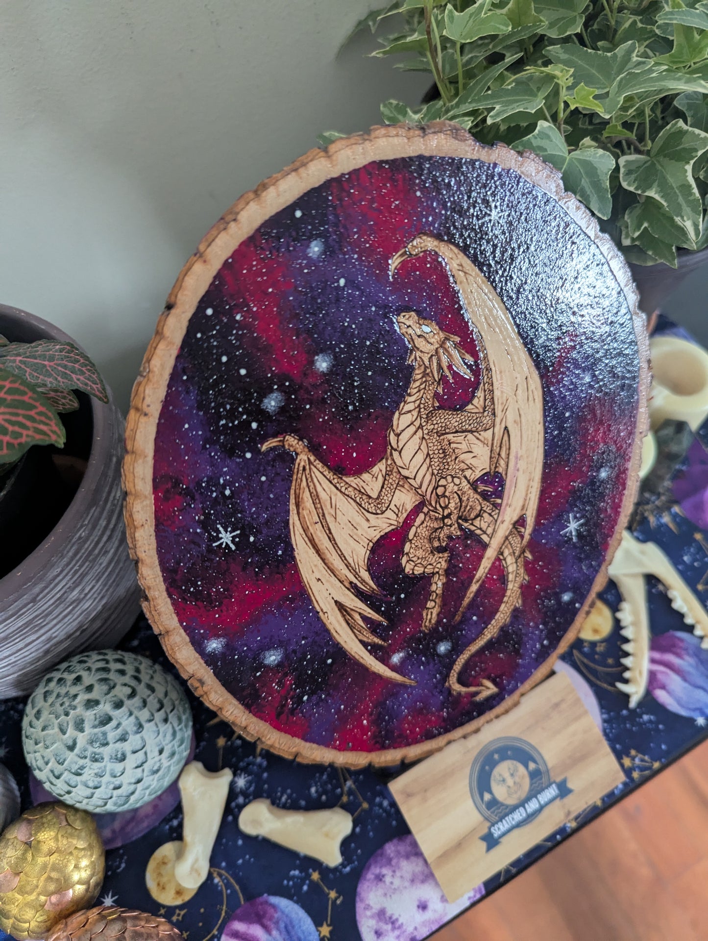 'Galaxy Dragon' Pyrography with Acrylics on Wood Desk/Wall Art