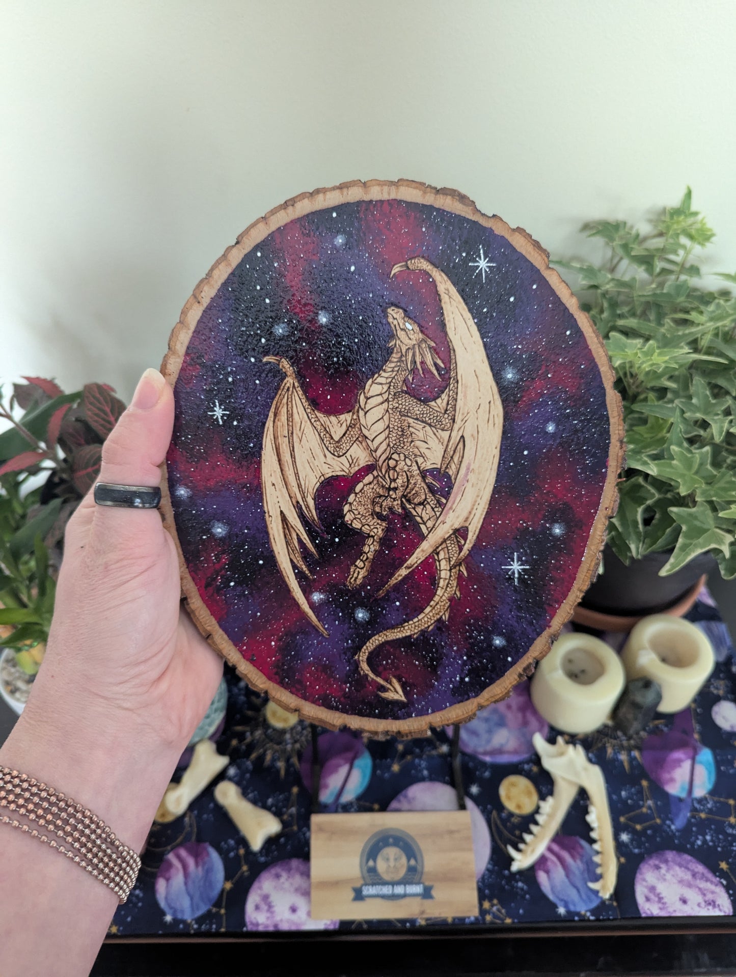 'Galaxy Dragon' Pyrography with Acrylics on Wood Desk/Wall Art