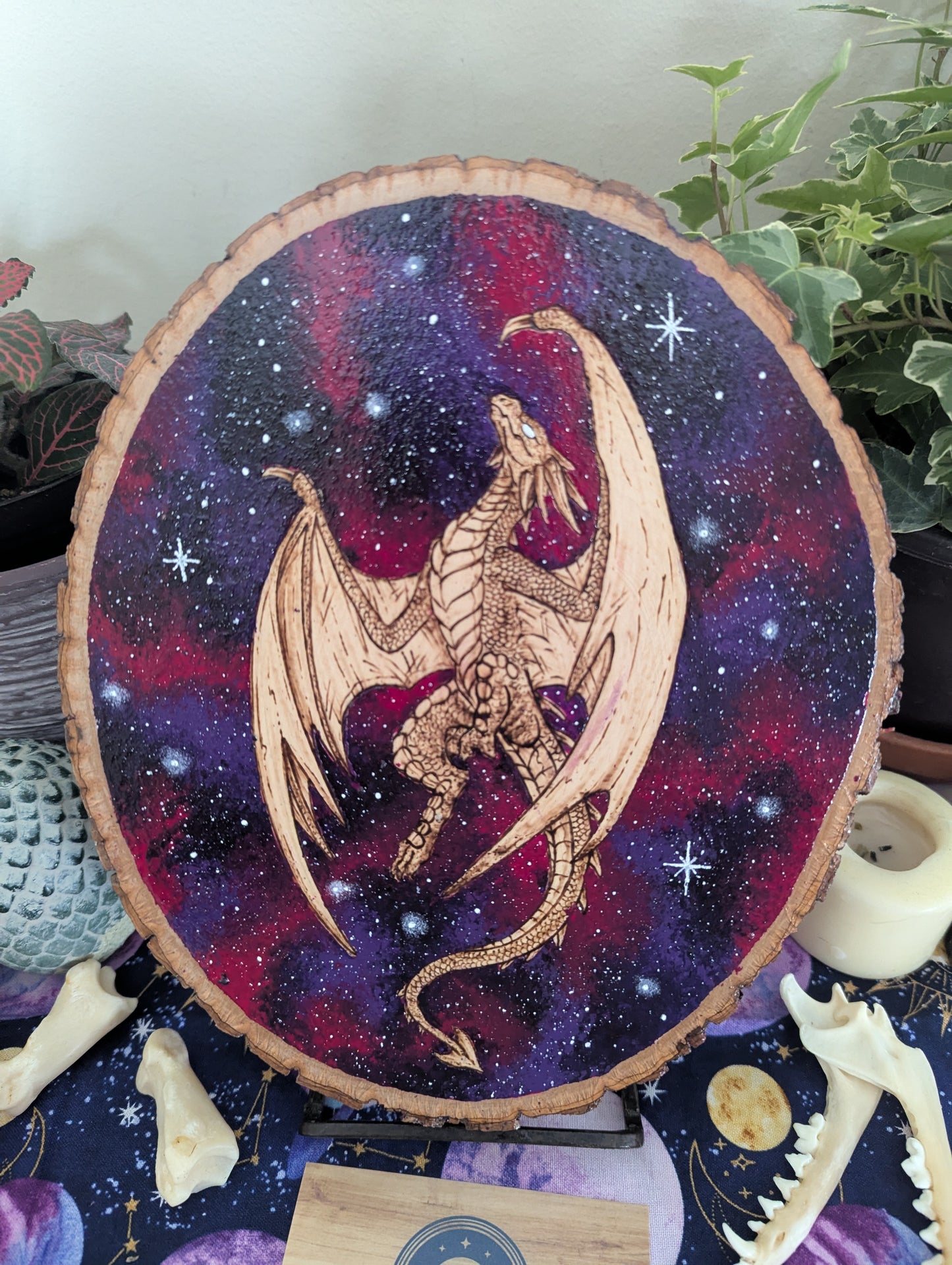 'Galaxy Dragon' Pyrography with Acrylics on Wood Desk/Wall Art