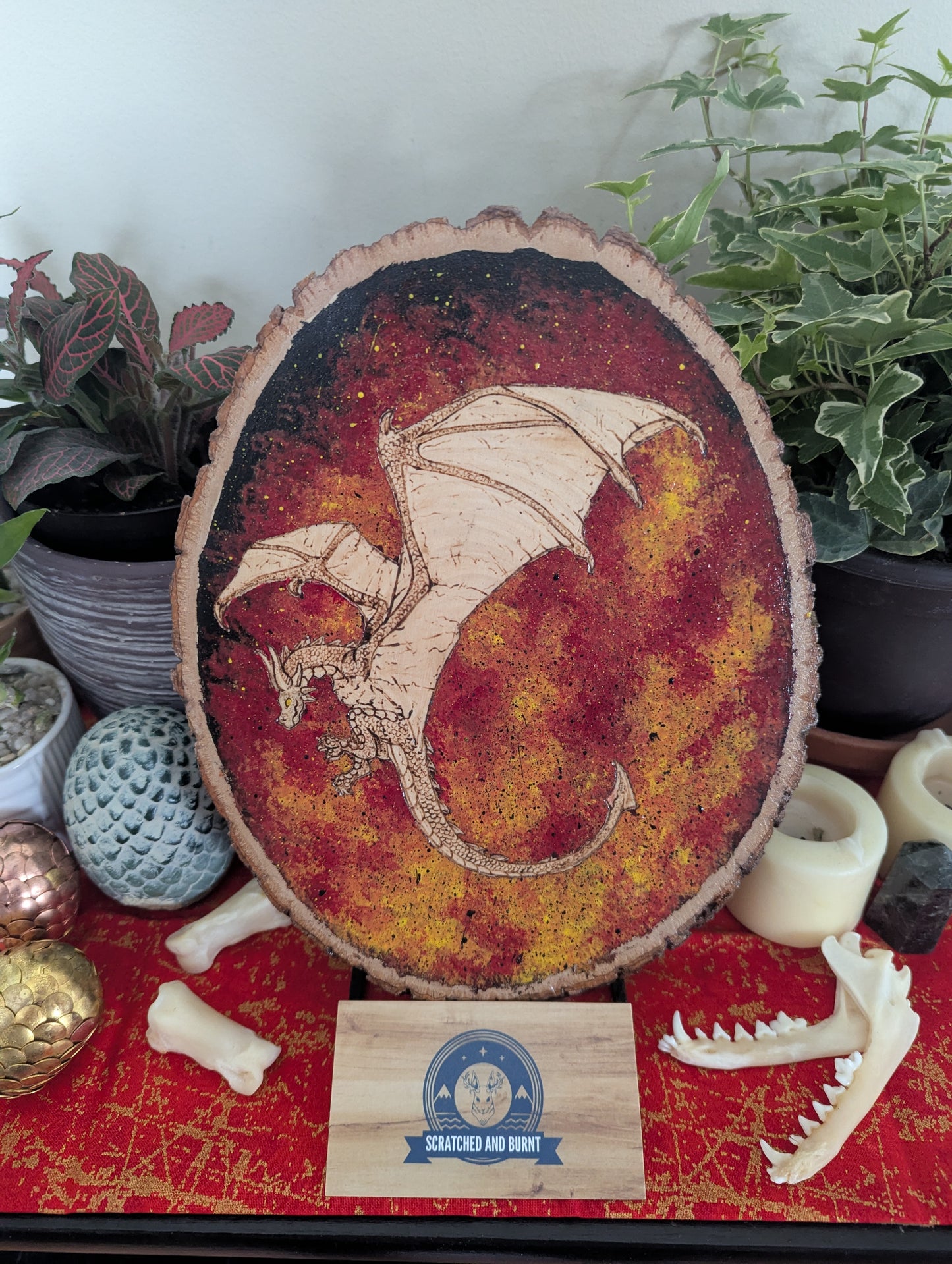 'Dragon's Flames' Pyrography with Acrylics on Wood Desk/Wall Art