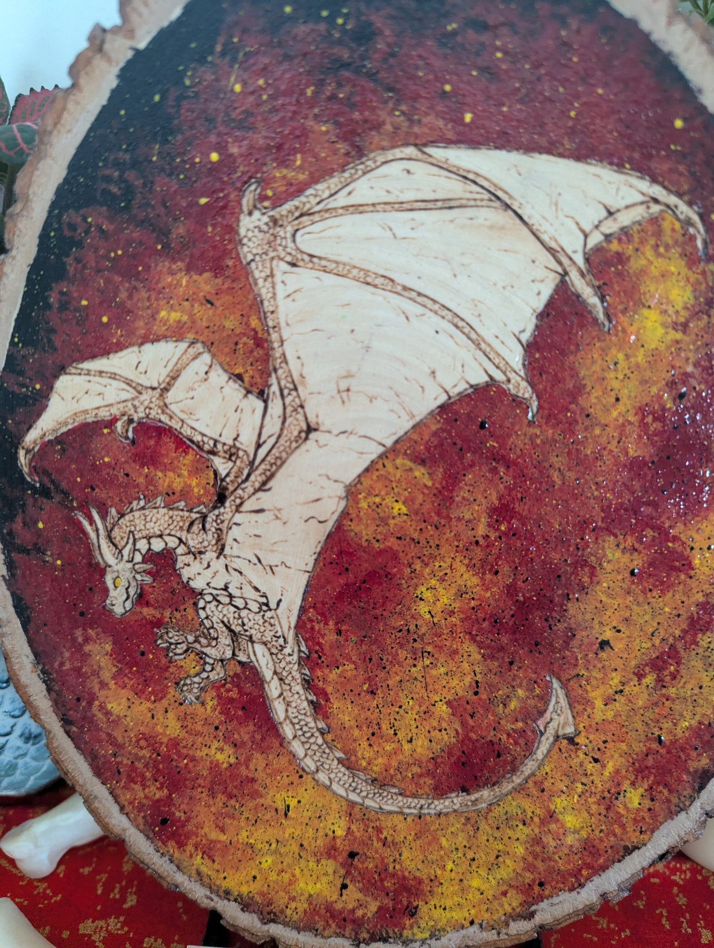 'Dragon's Flames' Pyrography with Acrylics on Wood Desk/Wall Art