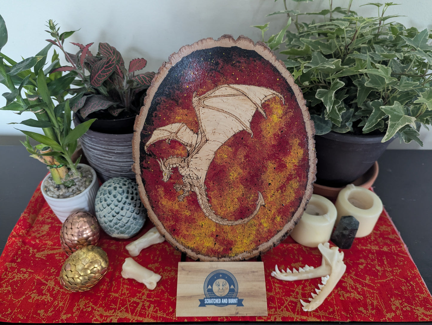 'Dragon's Flames' Pyrography with Acrylics on Wood Desk/Wall Art