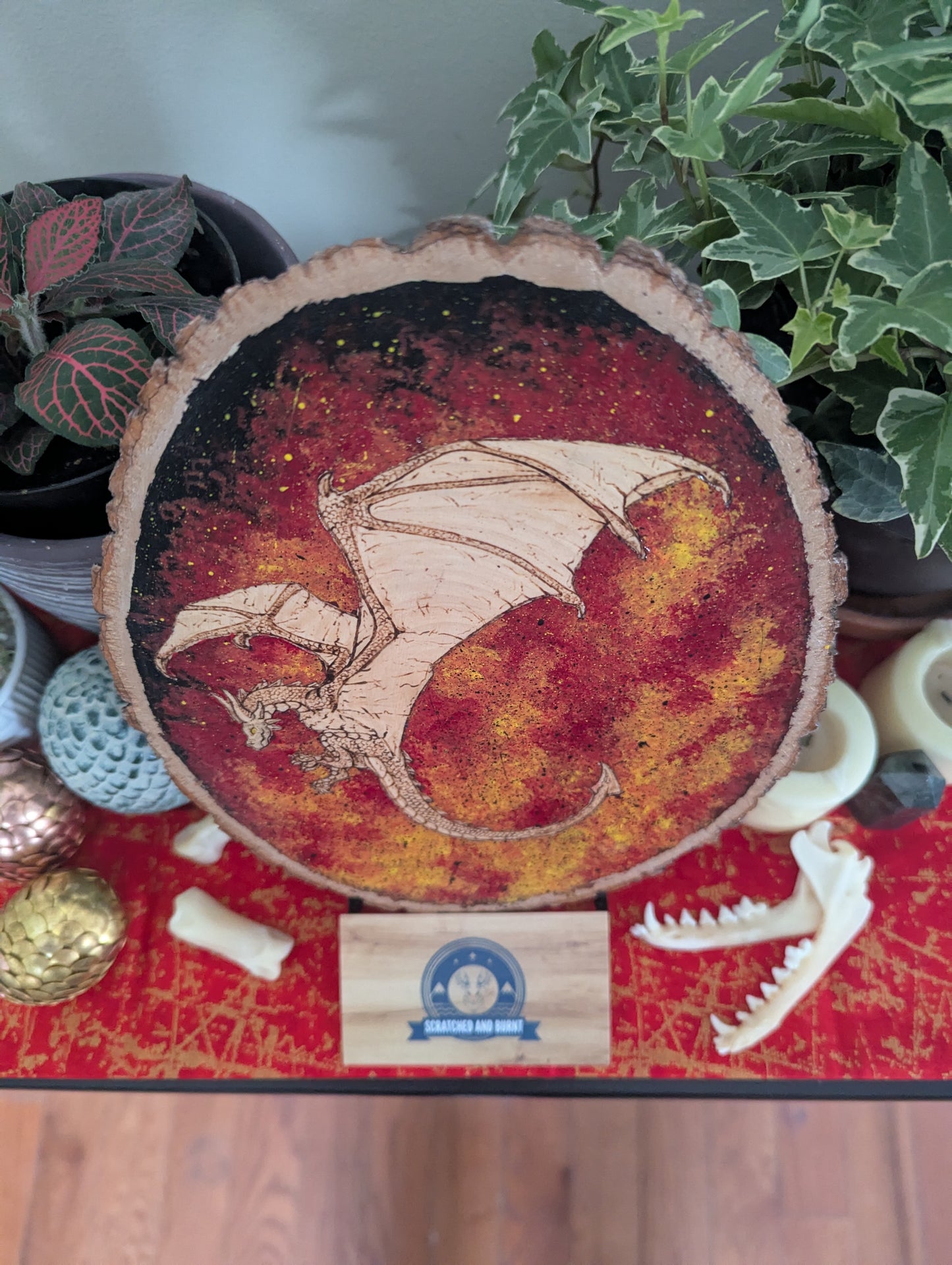 'Dragon's Flames' Pyrography with Acrylics on Wood Desk/Wall Art