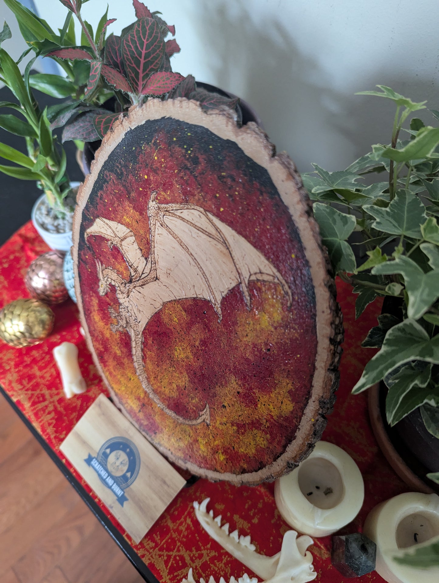 'Dragon's Flames' Pyrography with Acrylics on Wood Desk/Wall Art