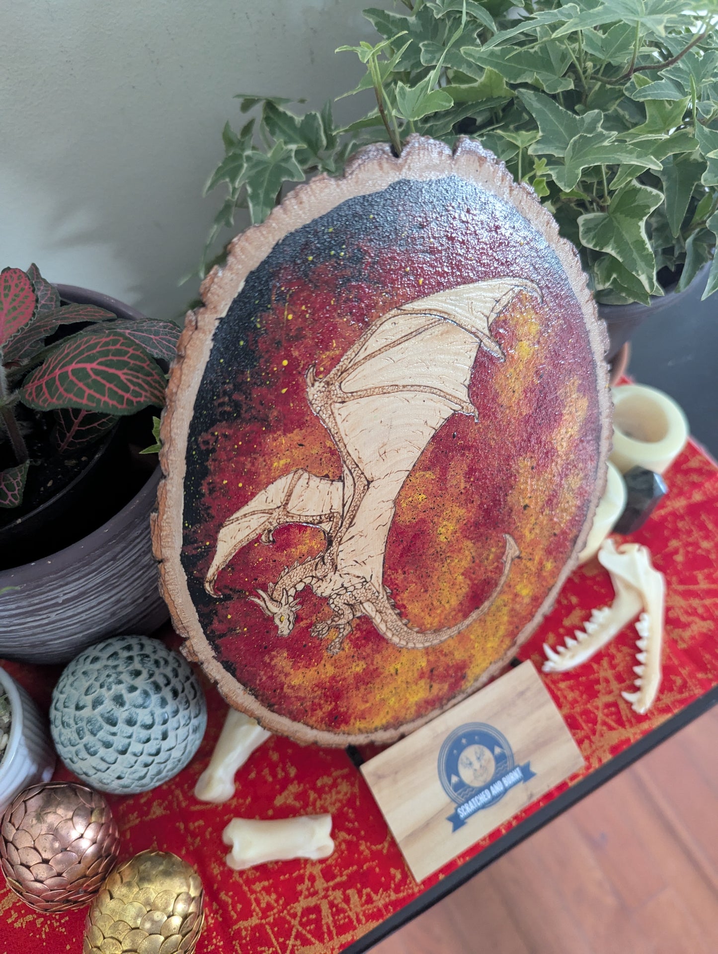 'Dragon's Flames' Pyrography with Acrylics on Wood Desk/Wall Art