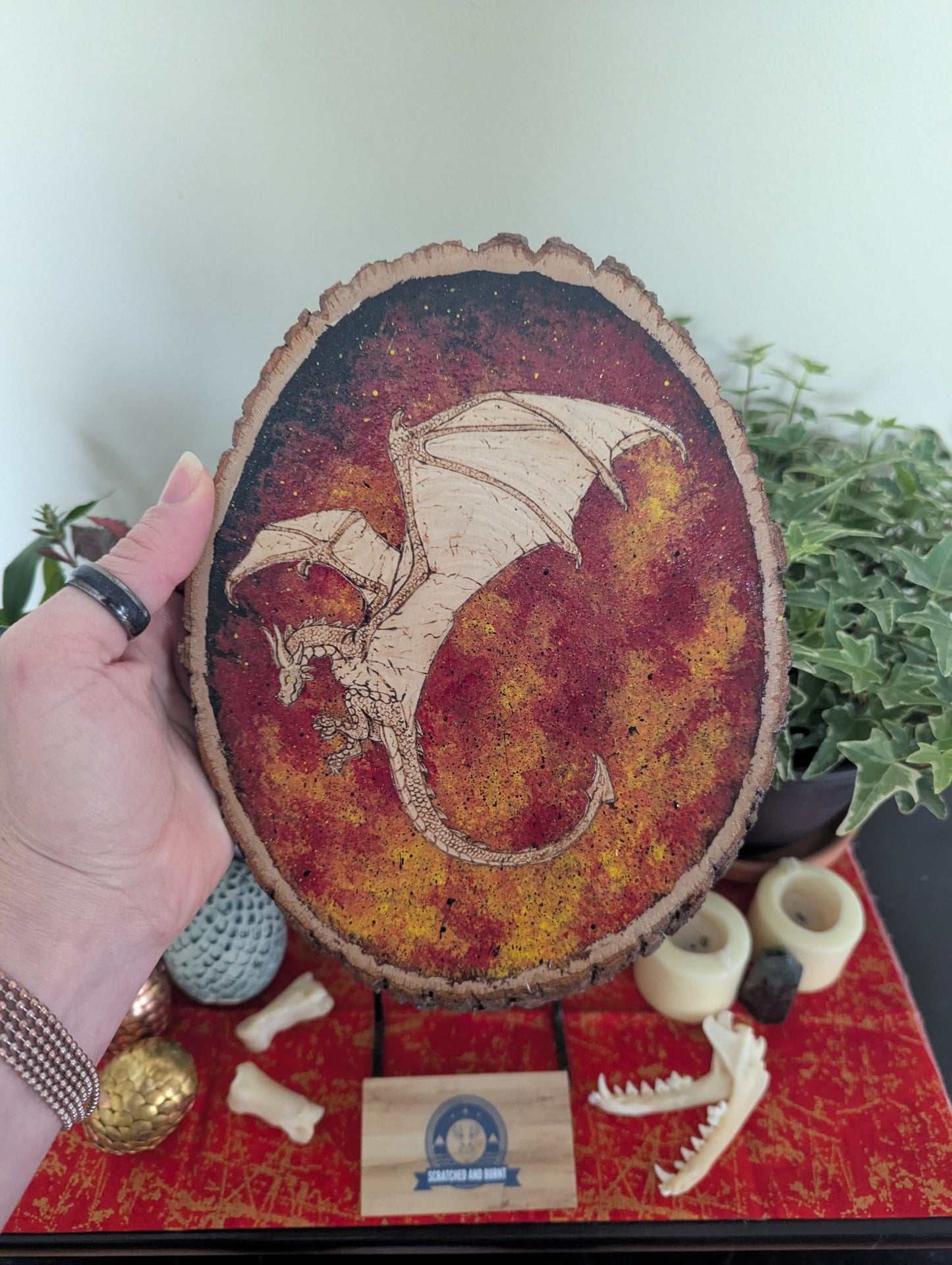 'Dragon's Flames' Pyrography with Acrylics on Wood Desk/Wall Art