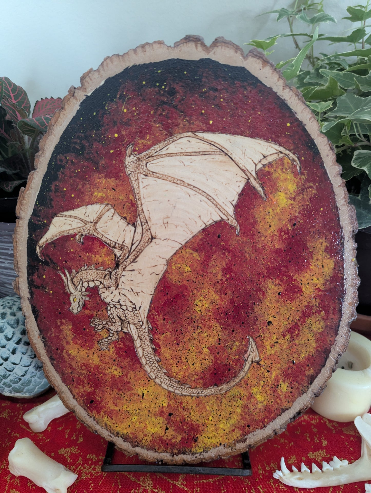 'Dragon's Flames' Pyrography with Acrylics on Wood Desk/Wall Art