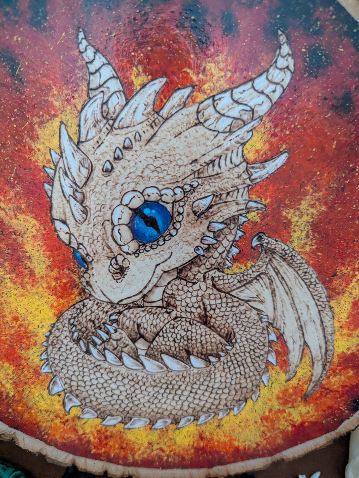 'Ember Hatchling – The Baby Dragon’s Gaze' Pyrography with Acrylics on Wood Desk/Wall Art