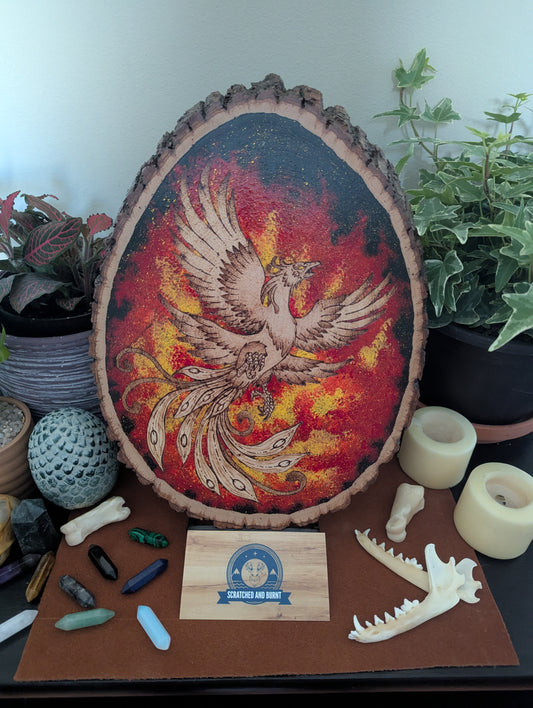 'Phoenix Rising' Pyrography with Acrylics, on Wood Desk/Wall Art, Small