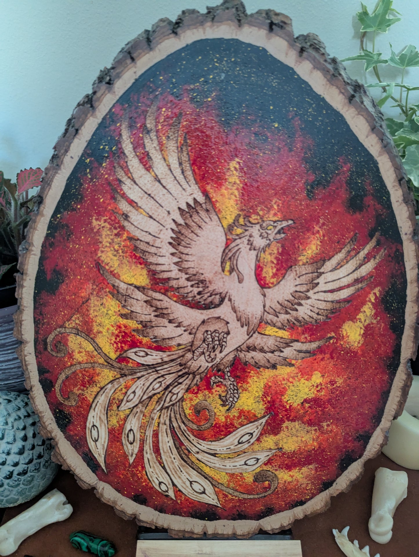 'Phoenix Rising' Pyrography with Acrylics, on Wood Desk/Wall Art, Small