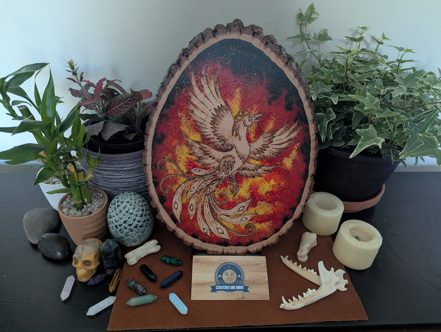 'Phoenix Rising' Pyrography with Acrylics, on Wood Desk/Wall Art, Small